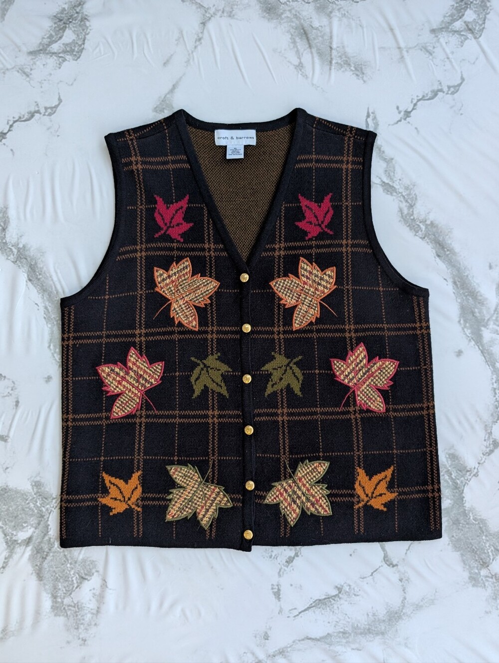 Vintage Croft & Barrow Fall Leaf Brown Plaid Knitted Button Up Vest Womens XL